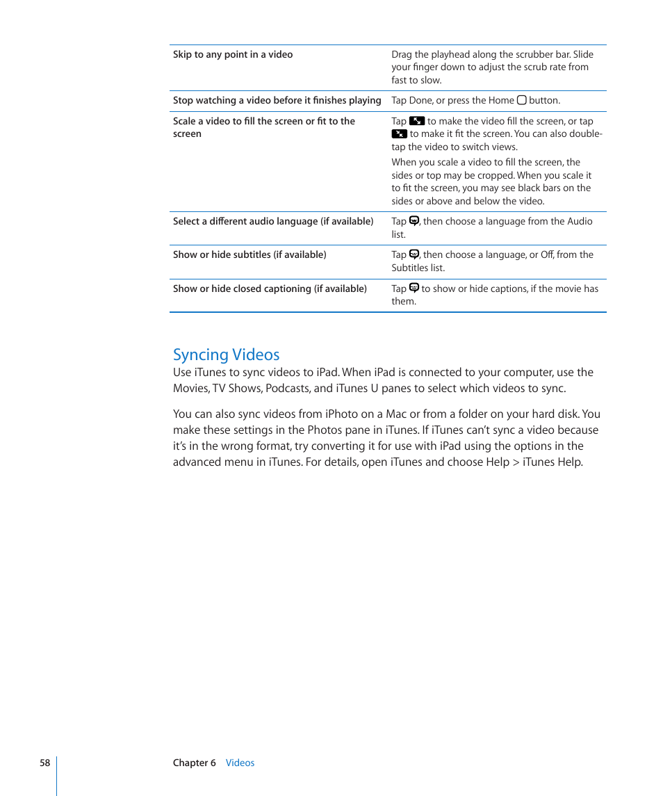 Syncing videos, 58 syncing videos | Apple iPad iOS 3.2 User Manual | Page 58 / 154