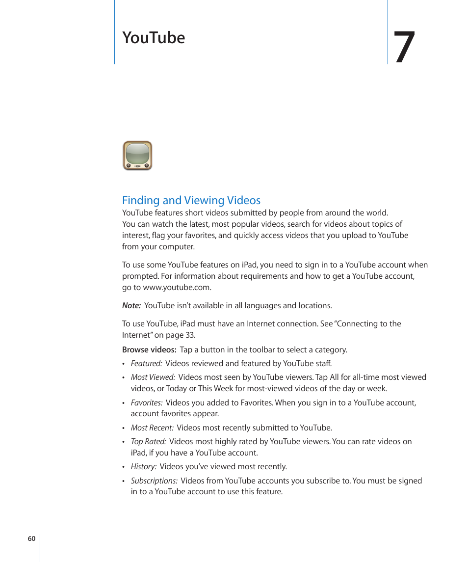 Chapter 7: youtube, Finding and viewing videos, 60 finding and viewing videos | Youtube | Apple iPad iOS 3.2 User Manual | Page 60 / 154