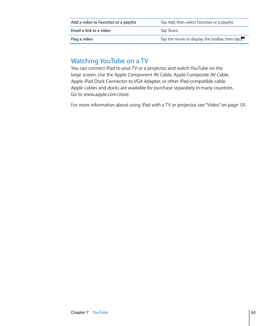 Watching youtube on a tv, 63 watching youtube on a tv | Apple iPad iOS 3.2 User Manual | Page 63 / 154