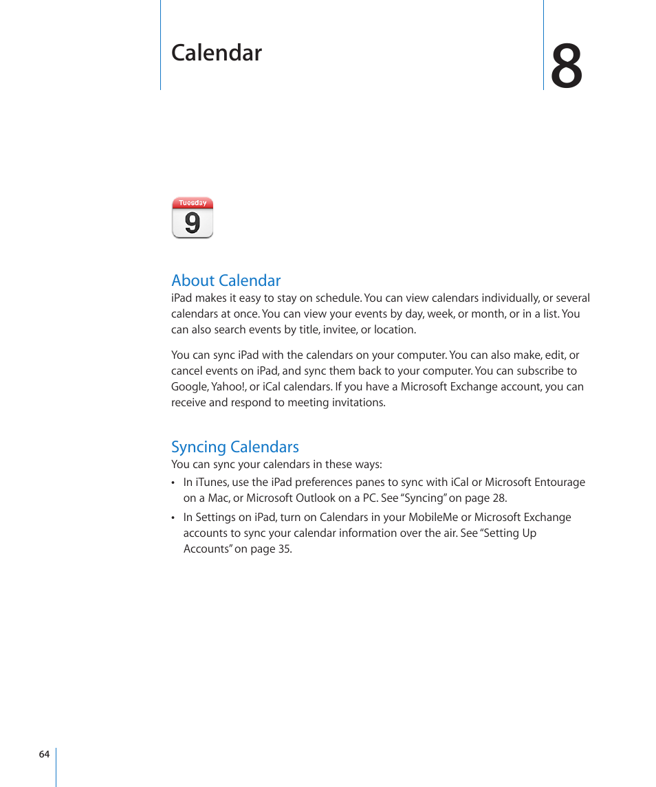 Chapter 8: calendar, About calendar, Syncing calendars | 64 about calendar 64 syncing calendars, Calendar | Apple iPad iOS 3.2 User Manual | Page 64 / 154