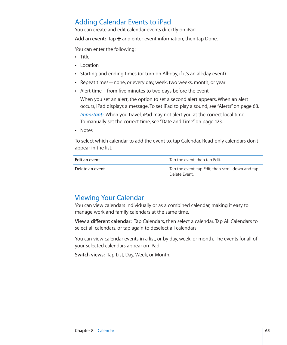 Adding calendar events to ipad, Viewing your calendar | Apple iPad iOS 3.2 User Manual | Page 65 / 154