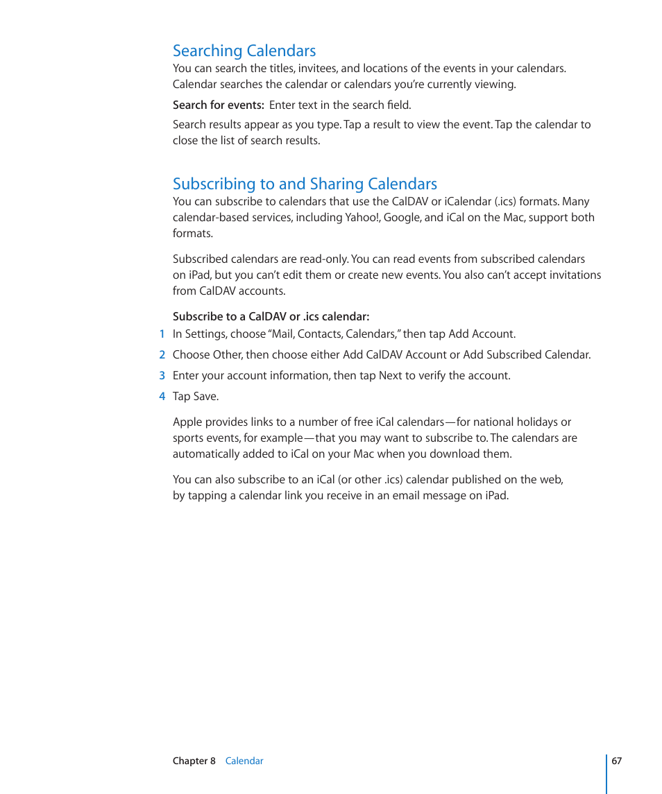 Searching calendars, Subscribing to and sharing calendars | Apple iPad iOS 3.2 User Manual | Page 67 / 154