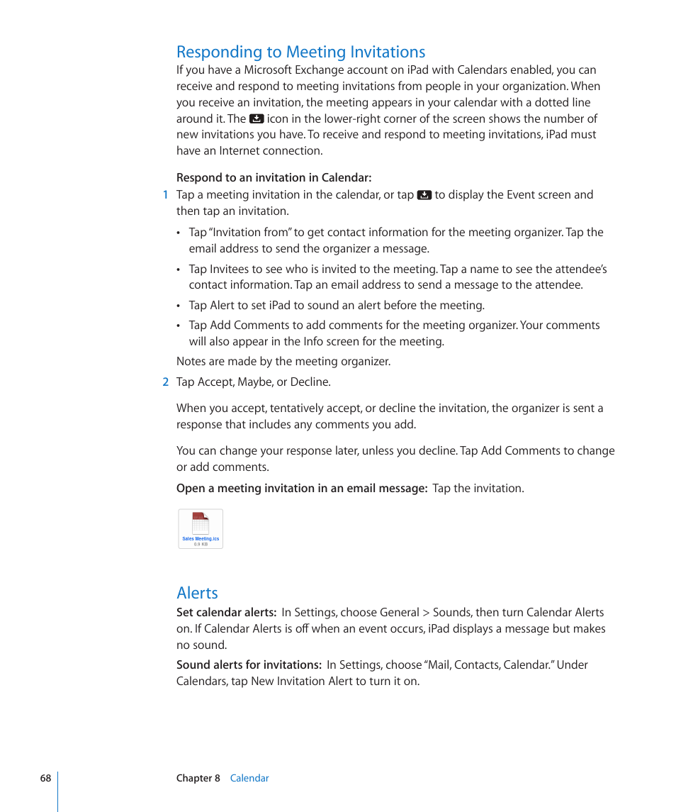 Responding to meeting invitations, Alerts, 68 responding to meeting invitations 68 alerts | Apple iPad iOS 3.2 User Manual | Page 68 / 154