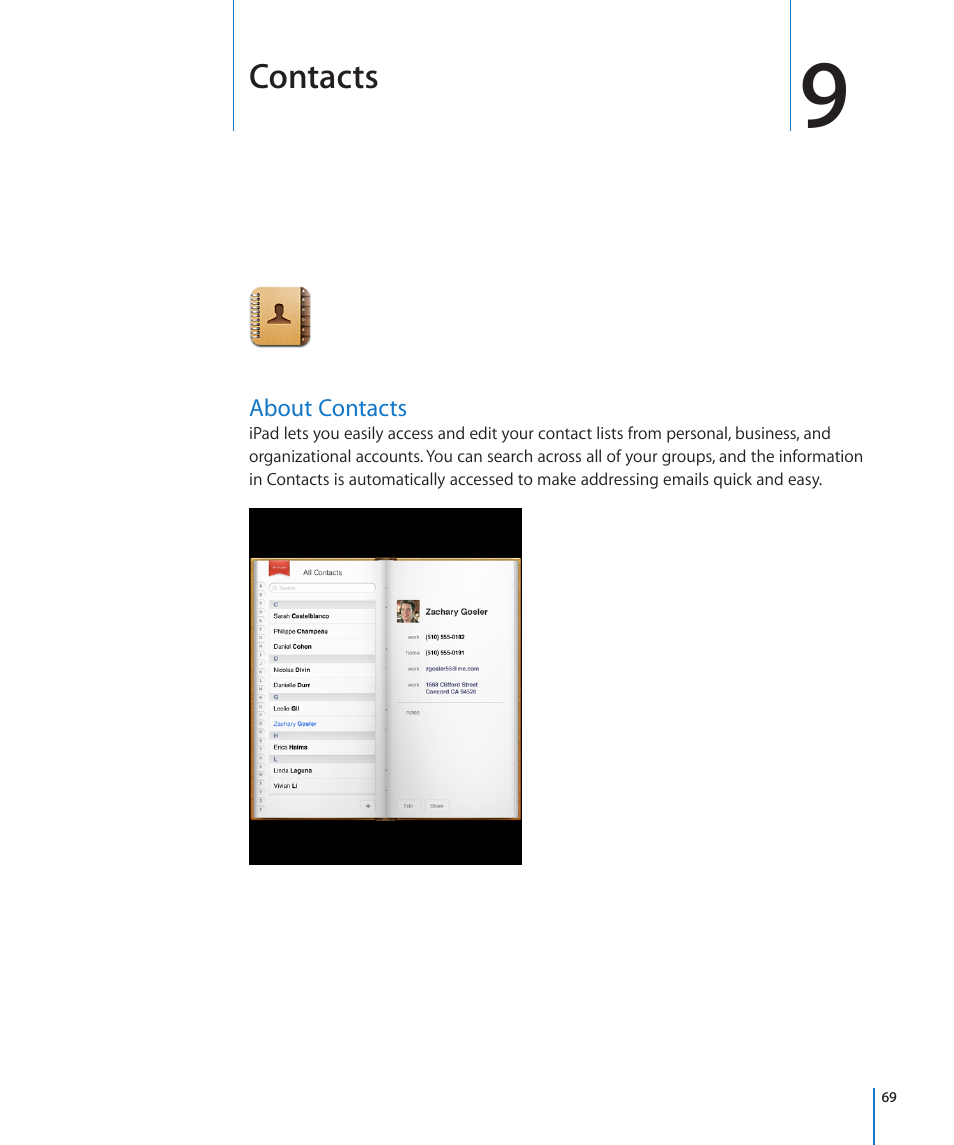 Chapter 9: contacts, About contacts, 69 about contacts | Apple iPad iOS 3.2 User Manual | Page 69 / 154