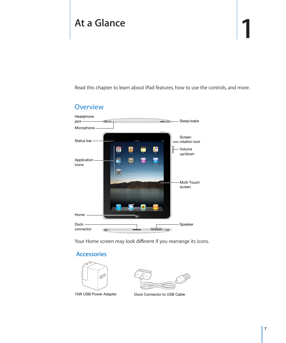 Chapter 1: at a glance, Overview, At a glance | Apple iPad iOS 3.2 User Manual | Page 7 / 154