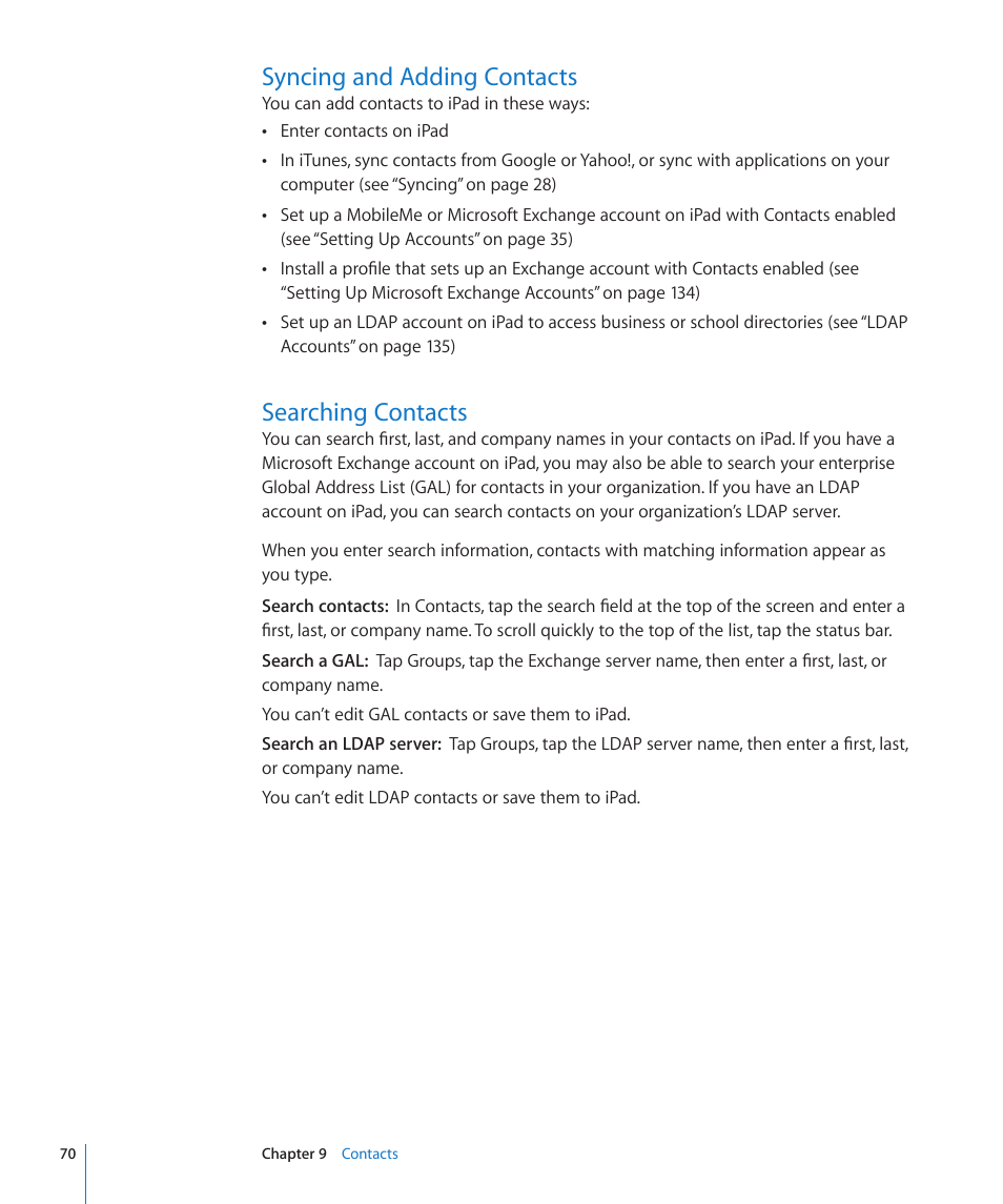 Syncing and adding contacts, Searching contacts | Apple iPad iOS 3.2 User Manual | Page 70 / 154