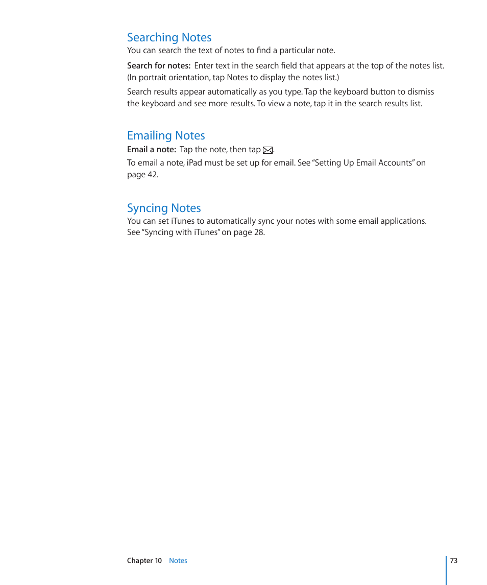 Searching notes, Emailing notes, Syncing notes | Apple iPad iOS 3.2 User Manual | Page 73 / 154