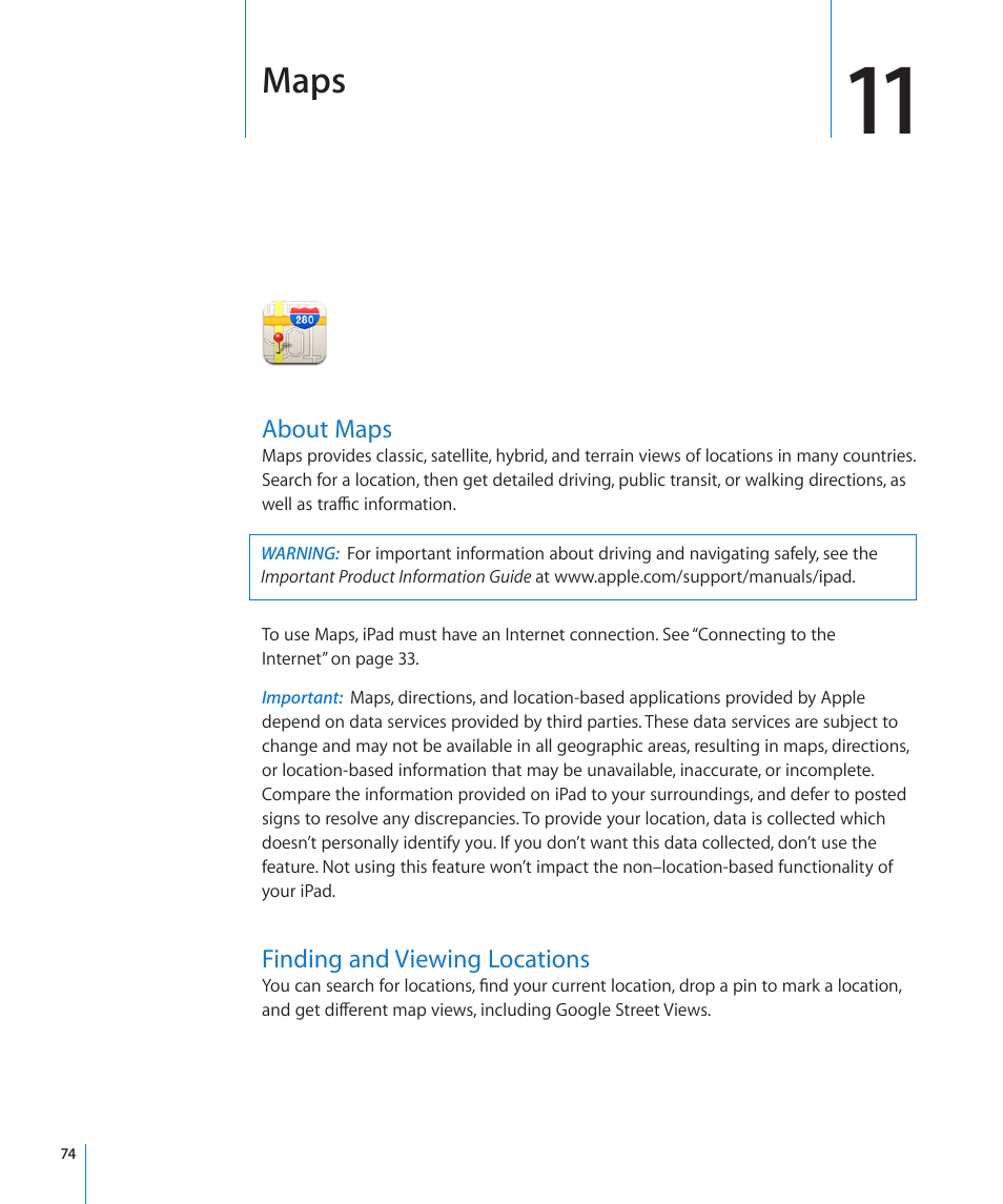 Chapter 11: maps, About maps, Finding and viewing locations | 74 about maps 74 finding and viewing locations, Maps | Apple iPad iOS 3.2 User Manual | Page 74 / 154