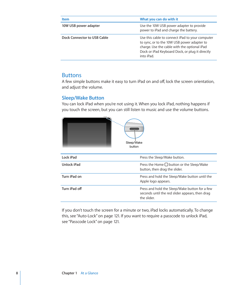 Buttons, Sleep/wake button | Apple iPad iOS 3.2 User Manual | Page 8 / 154