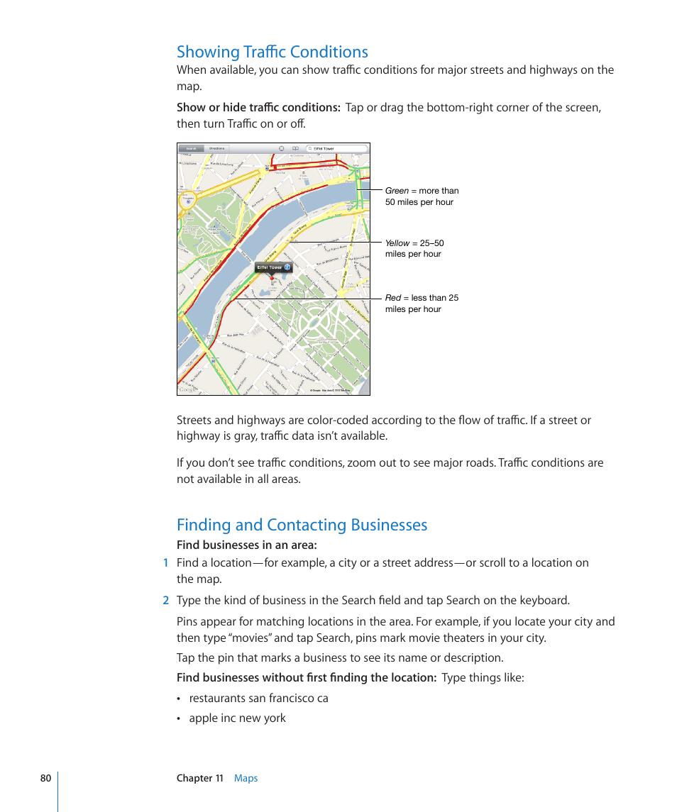 Showing traffic conditions, Finding and contacting businesses | Apple iPad iOS 3.2 User Manual | Page 80 / 154