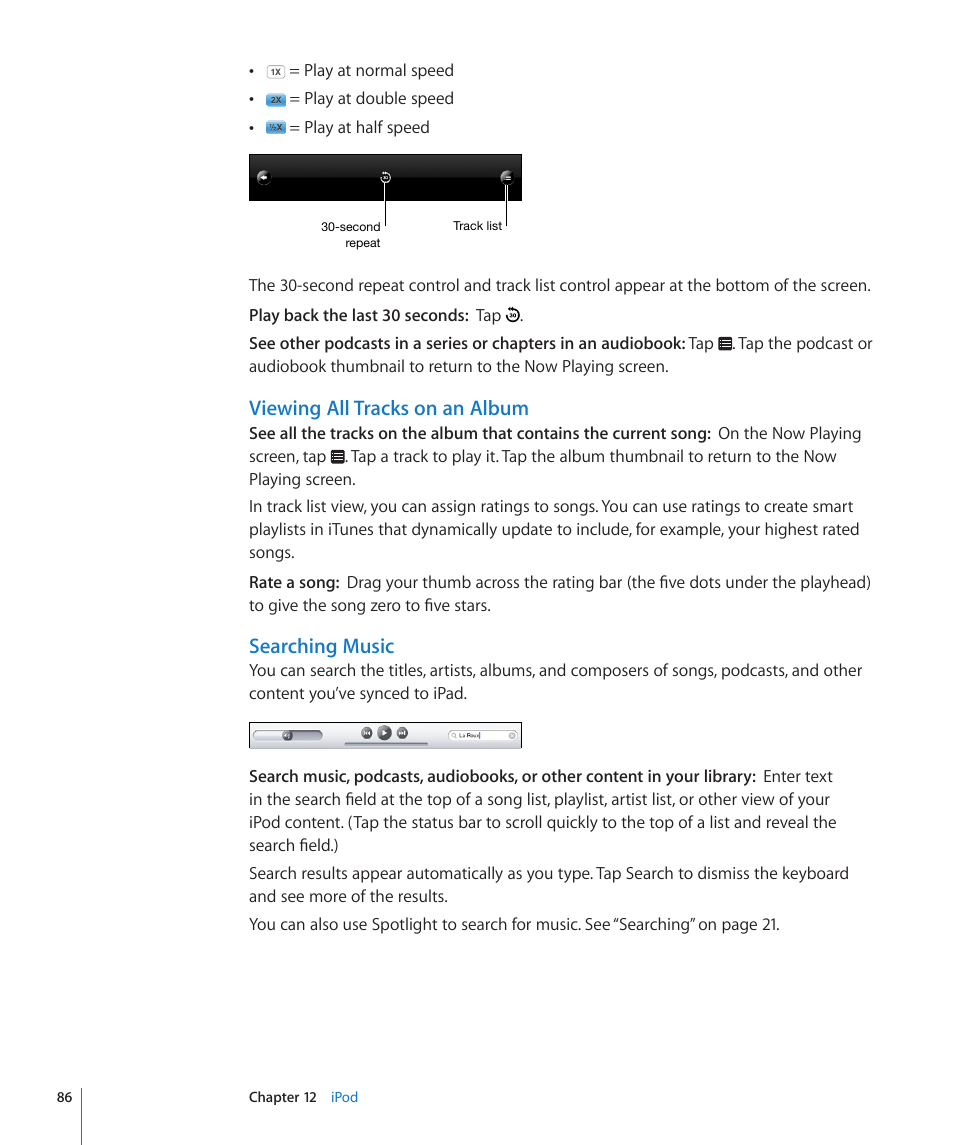 Viewing all tracks on an album, Searching music | Apple iPad iOS 3.2 User Manual | Page 86 / 154