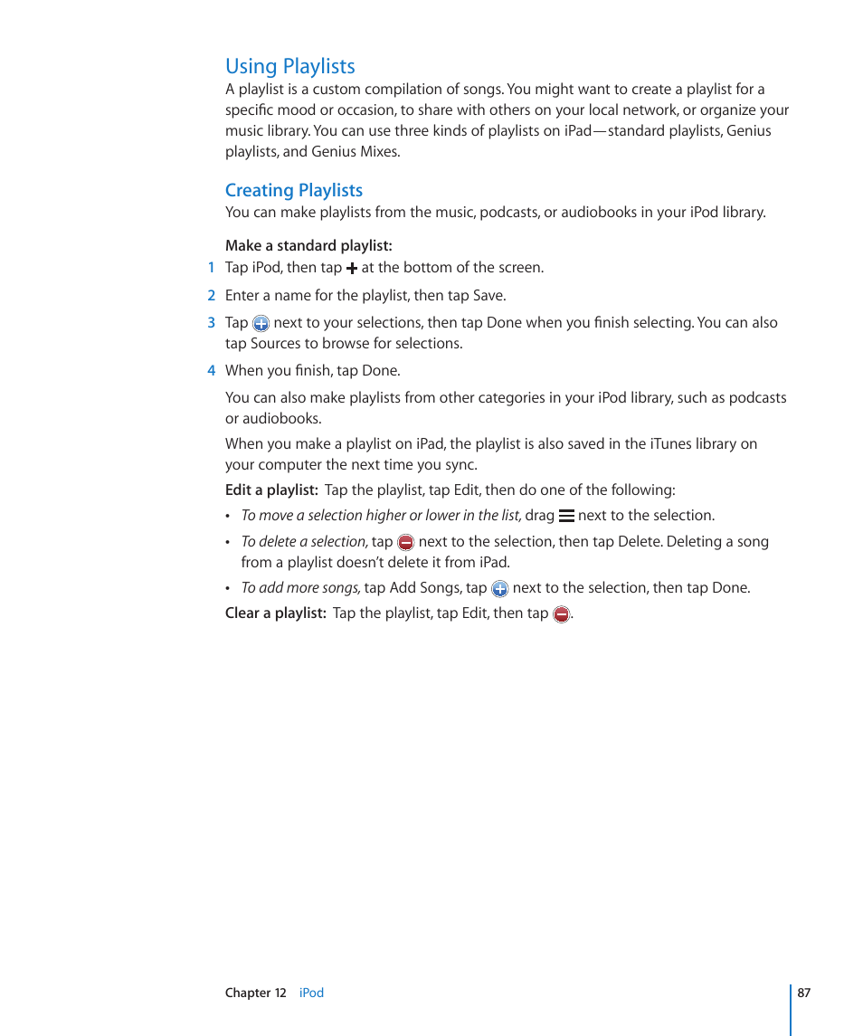 Using playlists, 87 using playlists, Creating playlists | Apple iPad iOS 3.2 User Manual | Page 87 / 154