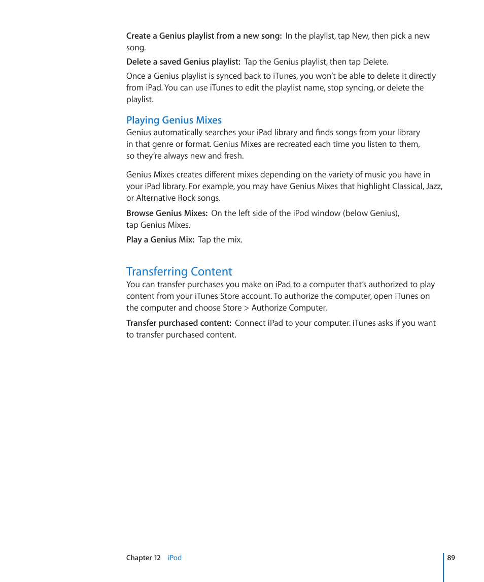 Transferring content, 89 transferring content | Apple iPad iOS 3.2 User Manual | Page 89 / 154