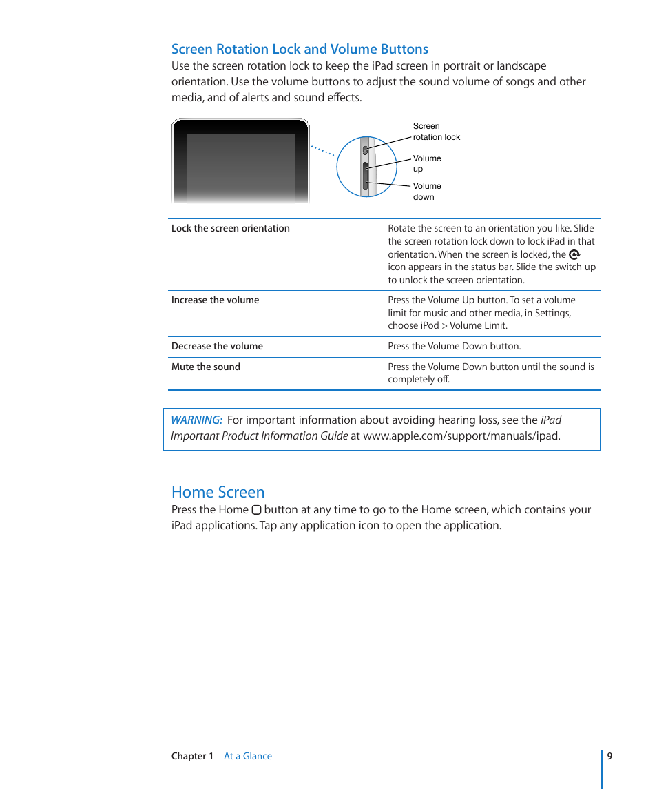 Home screen, Screen rotation lock and volume buttons | Apple iPad iOS 3.2 User Manual | Page 9 / 154