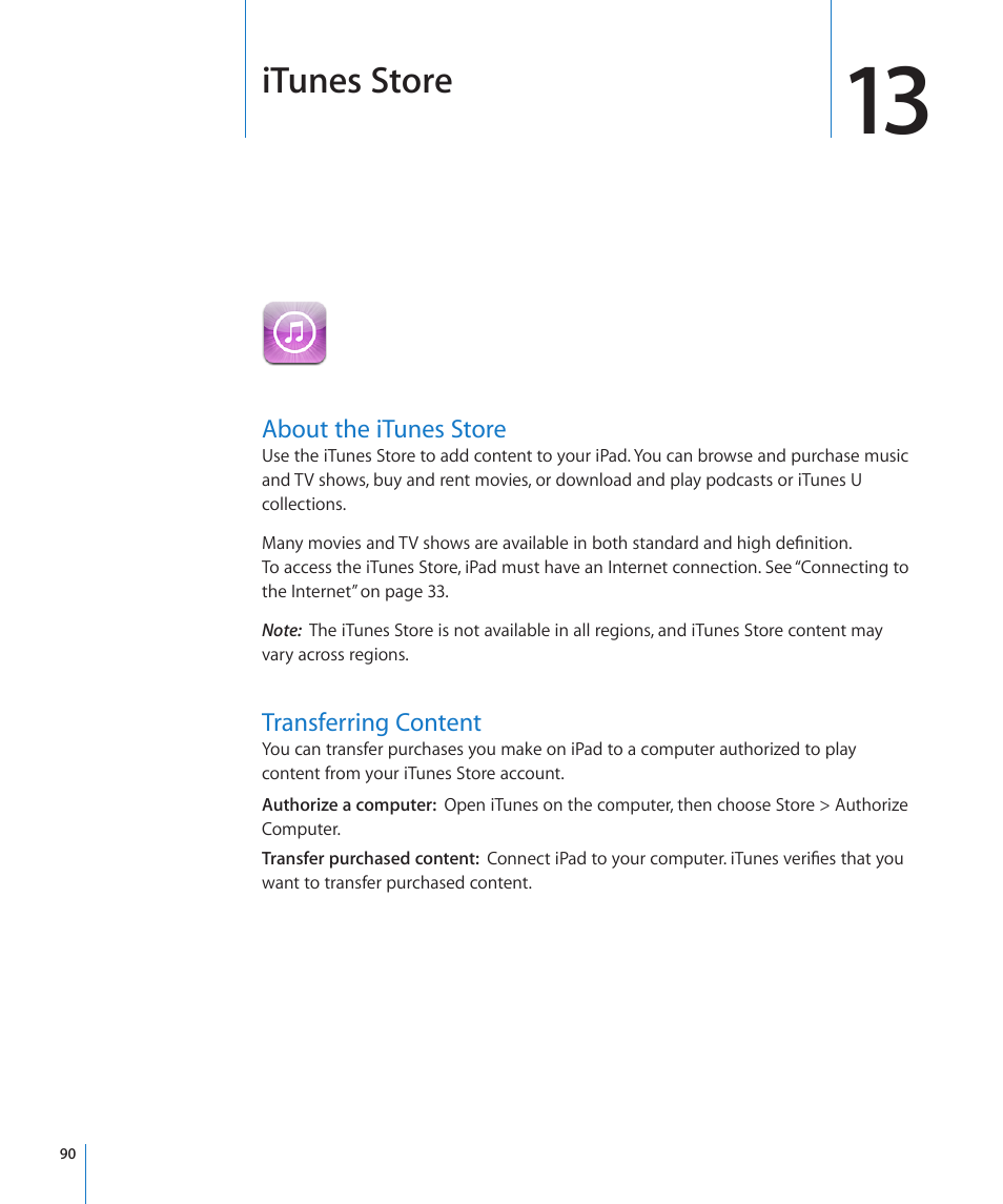 Chapter 13: itunes store, About the itunes store, Transferring content | 90 about the itunes store 90 transferring content, Itunes store | Apple iPad iOS 3.2 User Manual | Page 90 / 154