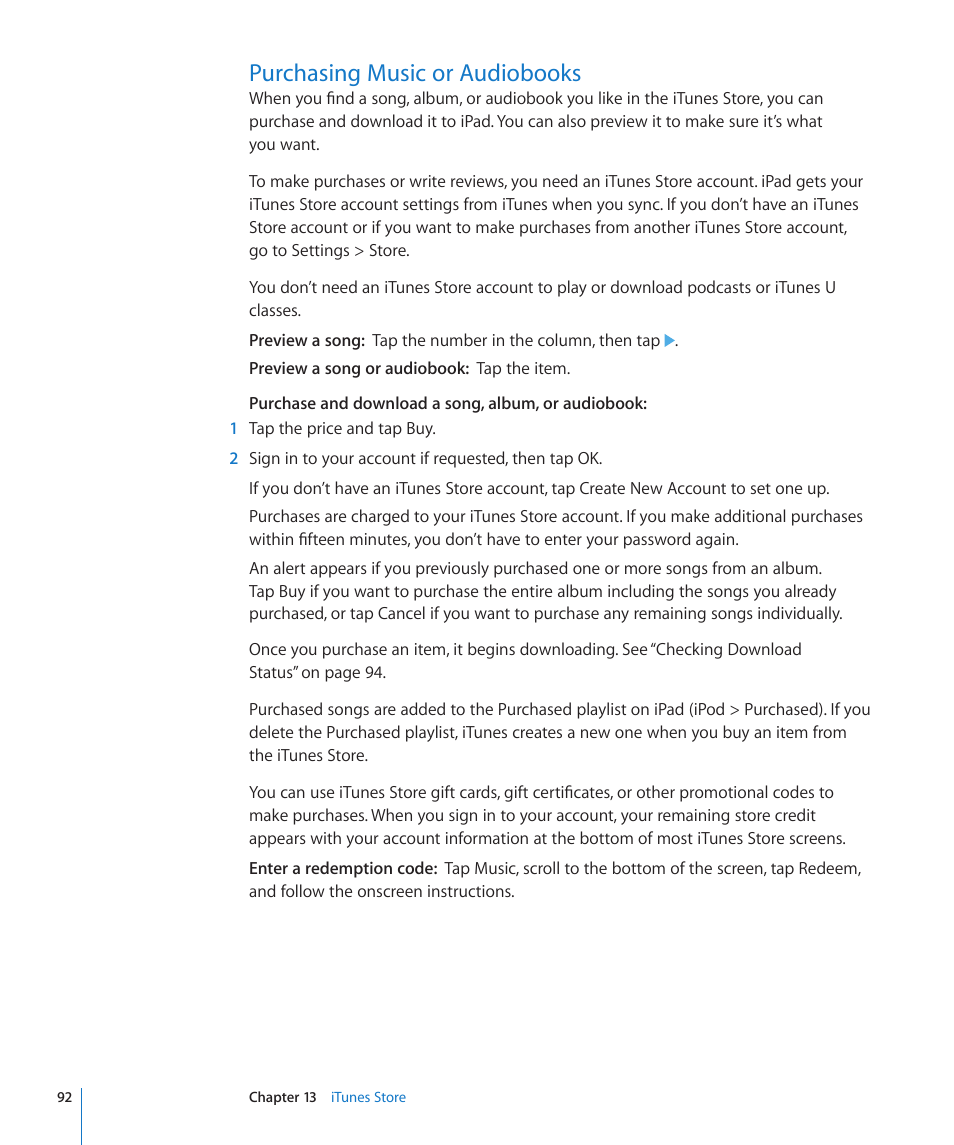 Purchasing music or audiobooks, 92 purchasing music or audiobooks | Apple iPad iOS 3.2 User Manual | Page 92 / 154
