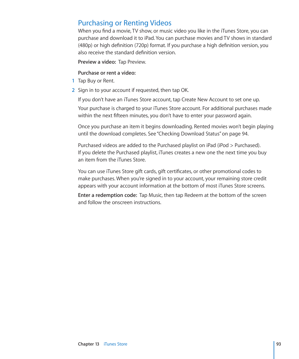 Purchasing or renting videos, 93 purchasing or renting videos | Apple iPad iOS 3.2 User Manual | Page 93 / 154