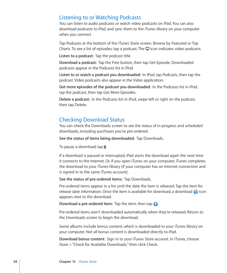 Listening to or watching podcasts, Checking download status | Apple iPad iOS 3.2 User Manual | Page 94 / 154
