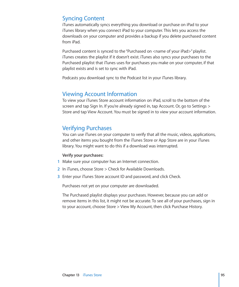Syncing content, Viewing account information, Verifying purchases | Apple iPad iOS 3.2 User Manual | Page 95 / 154