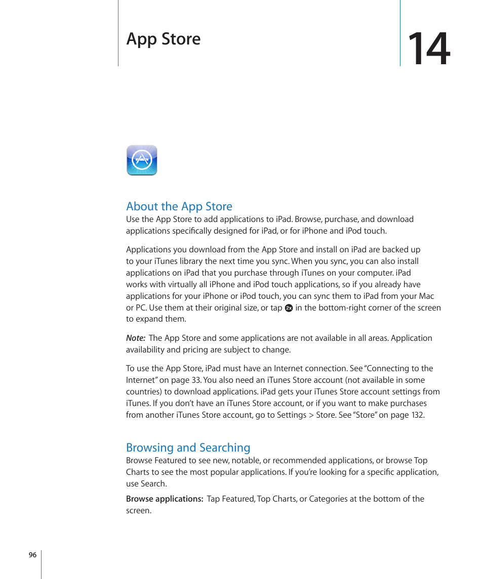 Chapter 14: app store, About the app store, Browsing and searching | 96 about the app store 96 browsing and searching, App store | Apple iPad iOS 3.2 User Manual | Page 96 / 154