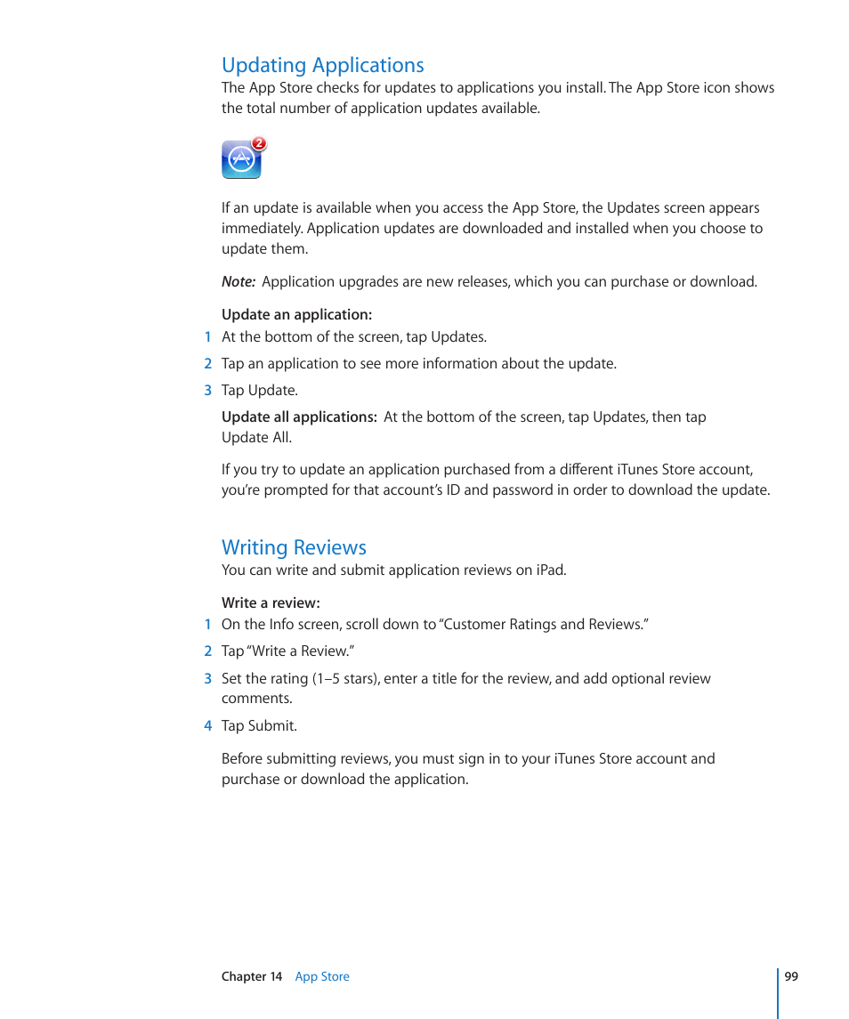 Updating applications, Writing reviews, 99 updating applications 99 writing reviews | Apple iPad iOS 3.2 User Manual | Page 99 / 154