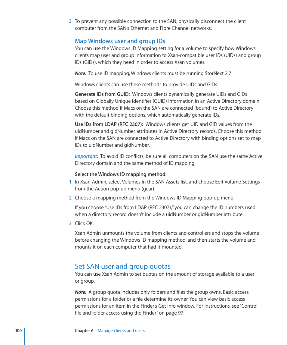 Map windows user and group ids, Set san user and group quotas, 100 set san user and group quotas | Apple Xsan 2 User Manual | Page 100 / 165