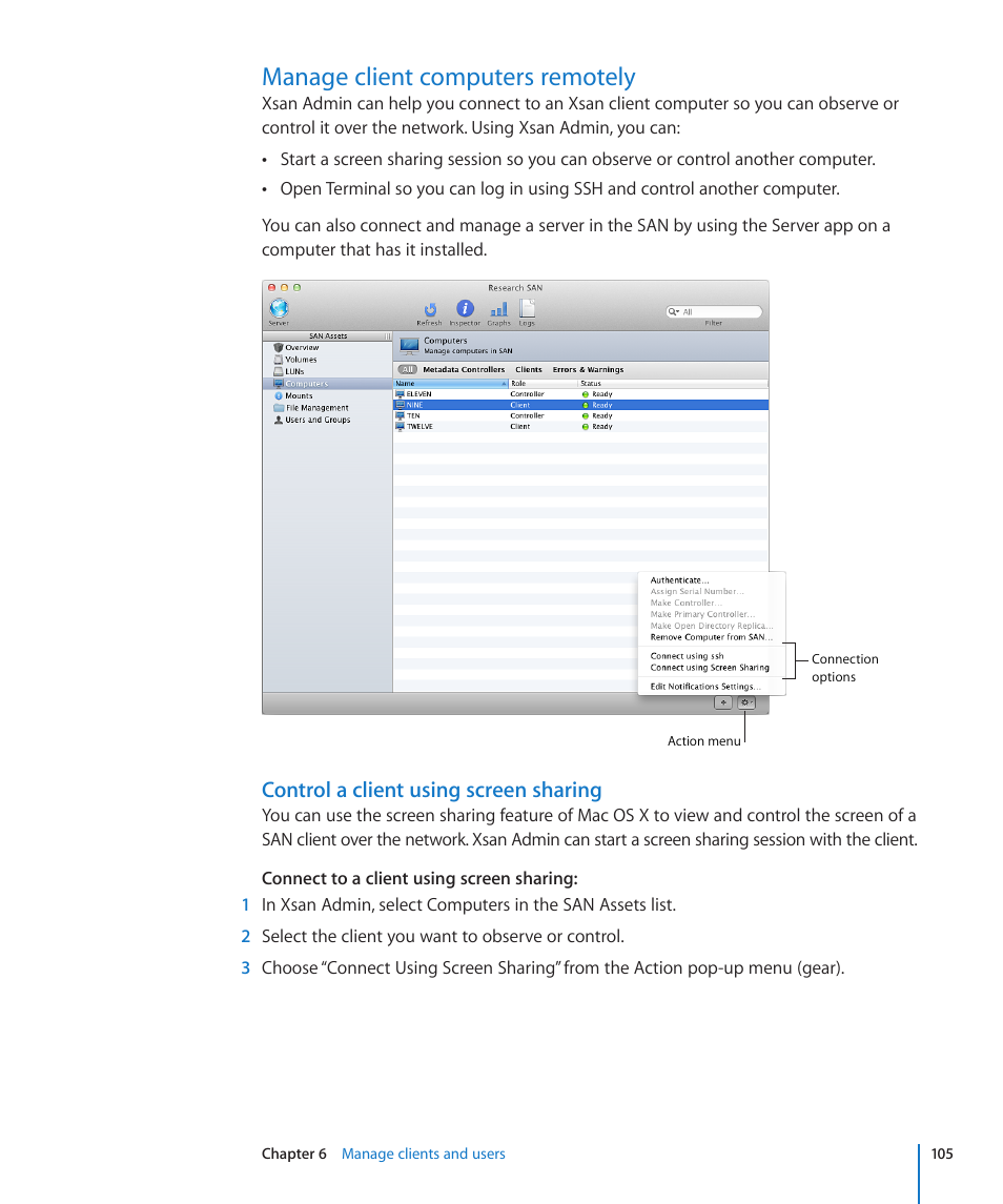 Manage client computers remotely, Control a client using screen sharing, 105 manage client computers remotely 105 | Apple Xsan 2 User Manual | Page 105 / 165