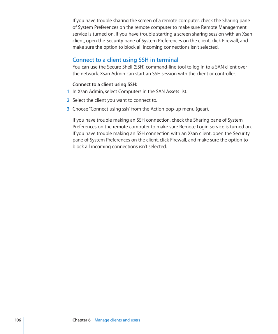 Connect to a client using ssh in terminal | Apple Xsan 2 User Manual | Page 106 / 165