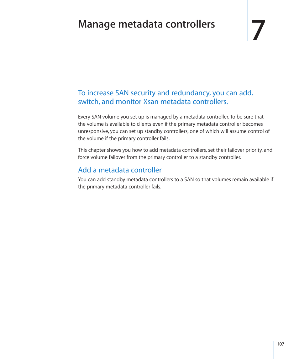 Chapter 7: manage metadata controllers, Chapter 7: manage metadata controllers, Manage metadata controllers | Apple Xsan 2 User Manual | Page 107 / 165