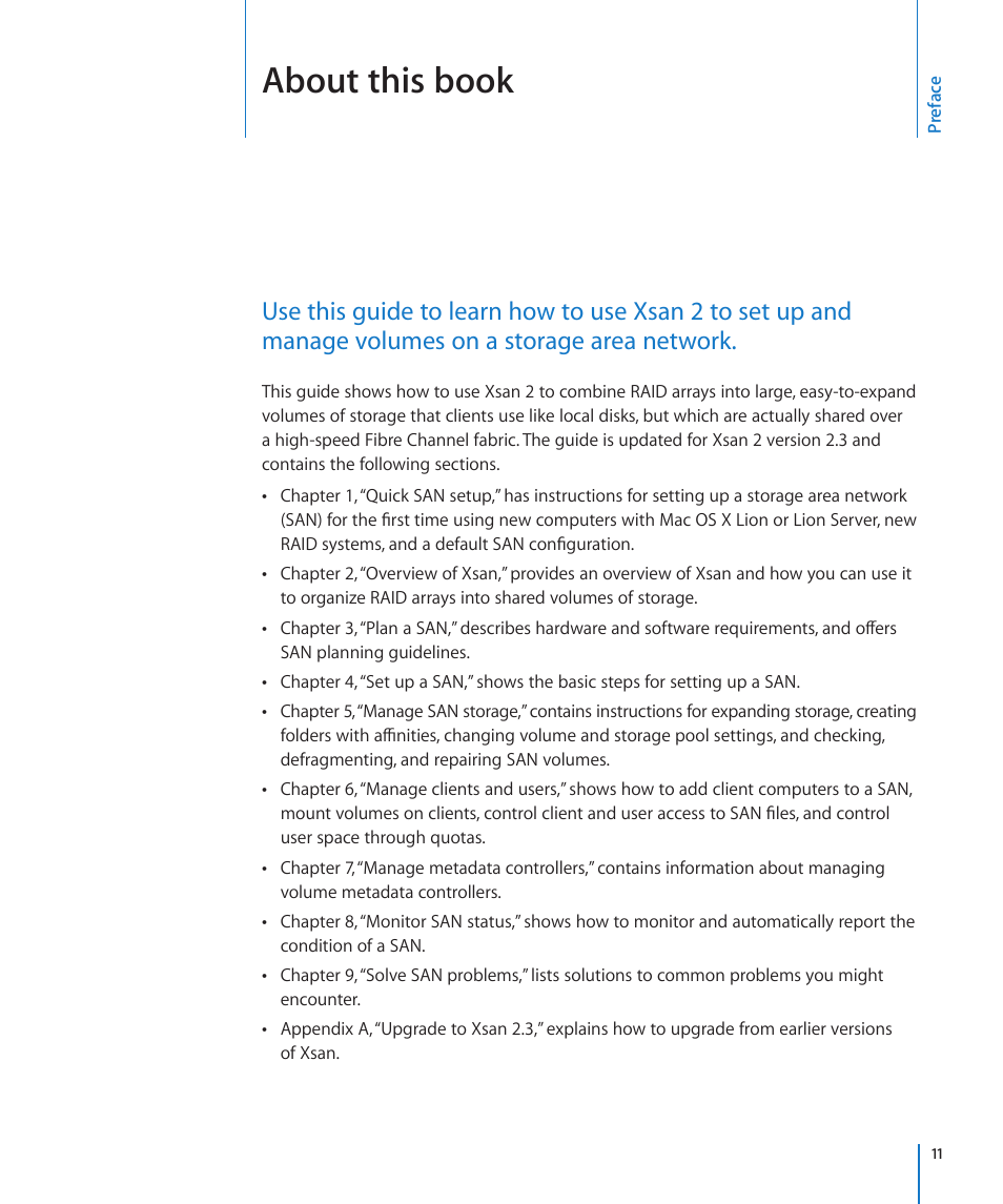Preface: about this book, About this book | Apple Xsan 2 User Manual | Page 11 / 165