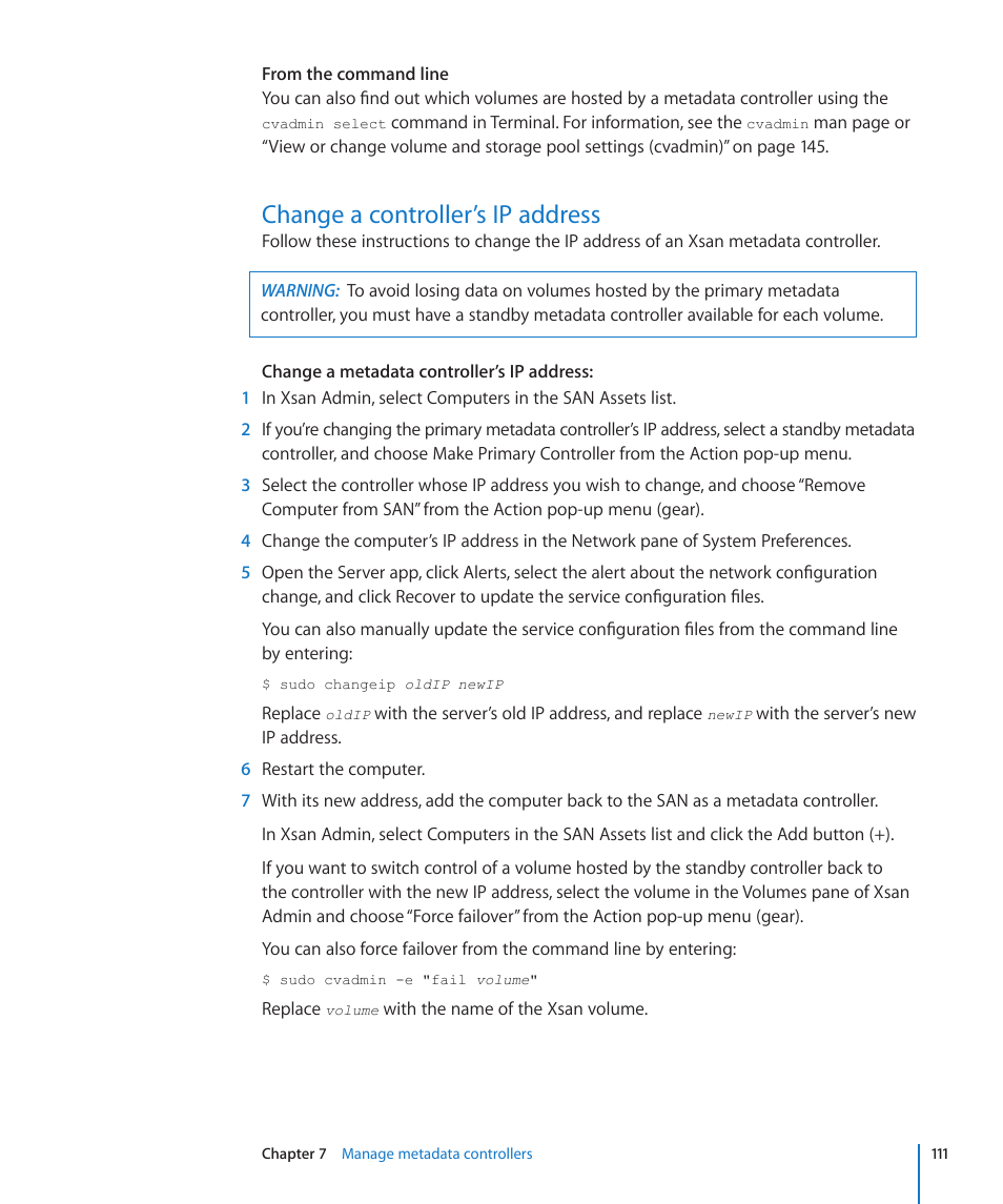 Change a controller’s ip address, 111 change a controller’s ip address | Apple Xsan 2 User Manual | Page 111 / 165