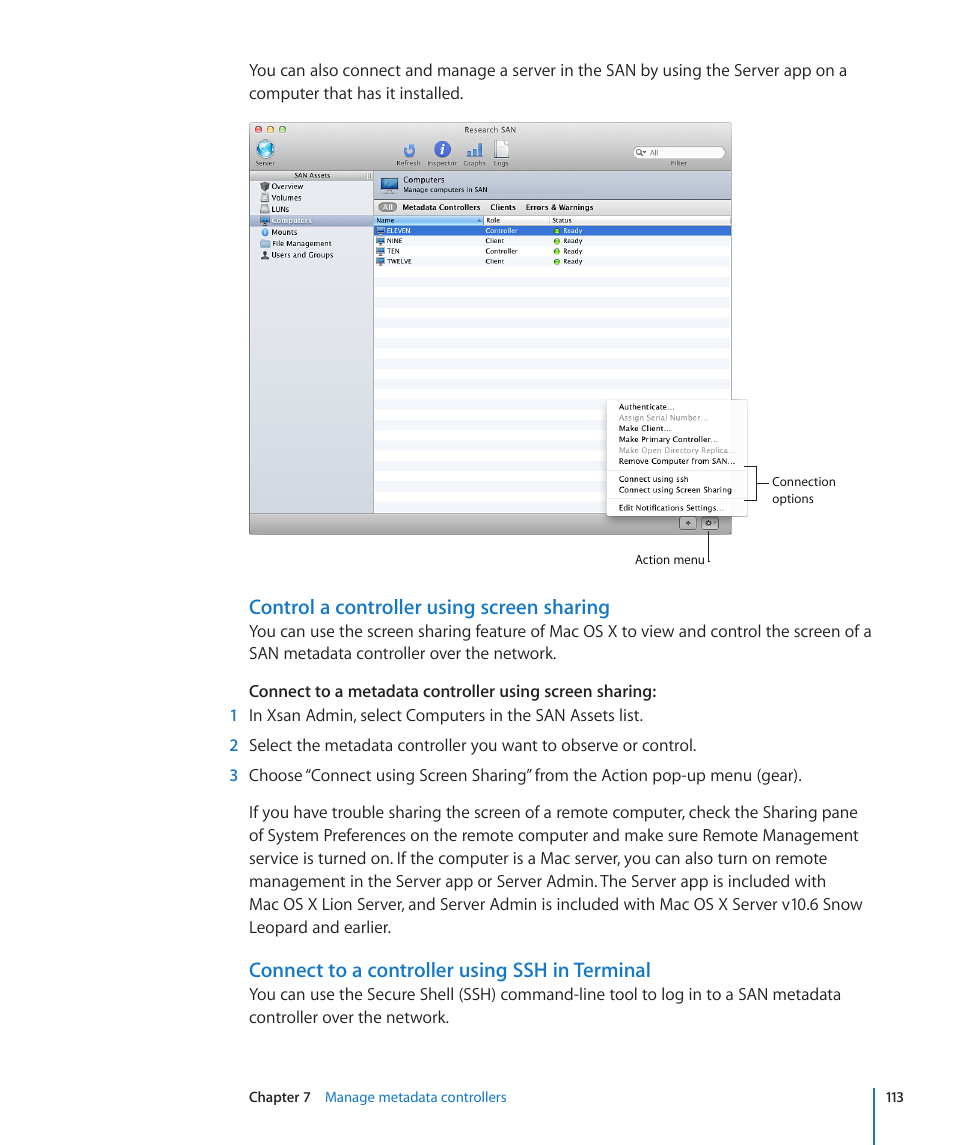 Control a controller using screen sharing, Connect to a controller using ssh in terminal | Apple Xsan 2 User Manual | Page 113 / 165