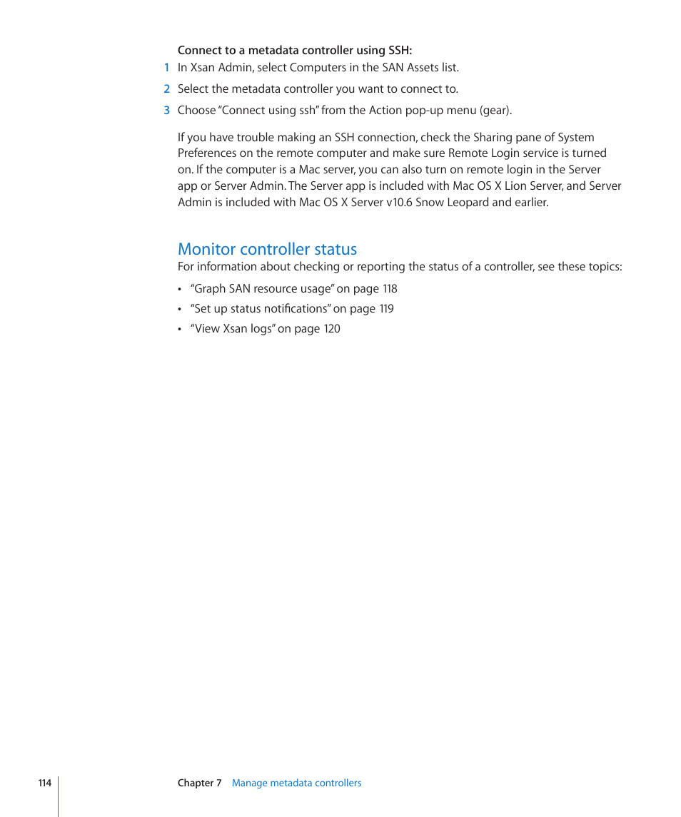 Monitor controller status, 114 monitor controller status | Apple Xsan 2 User Manual | Page 114 / 165