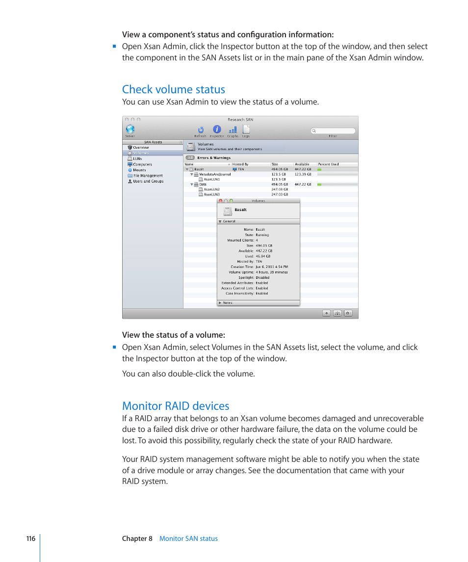 Check volume status, Monitor raid devices, 116 check volume status 116 monitor raid devices | Apple Xsan 2 User Manual | Page 116 / 165