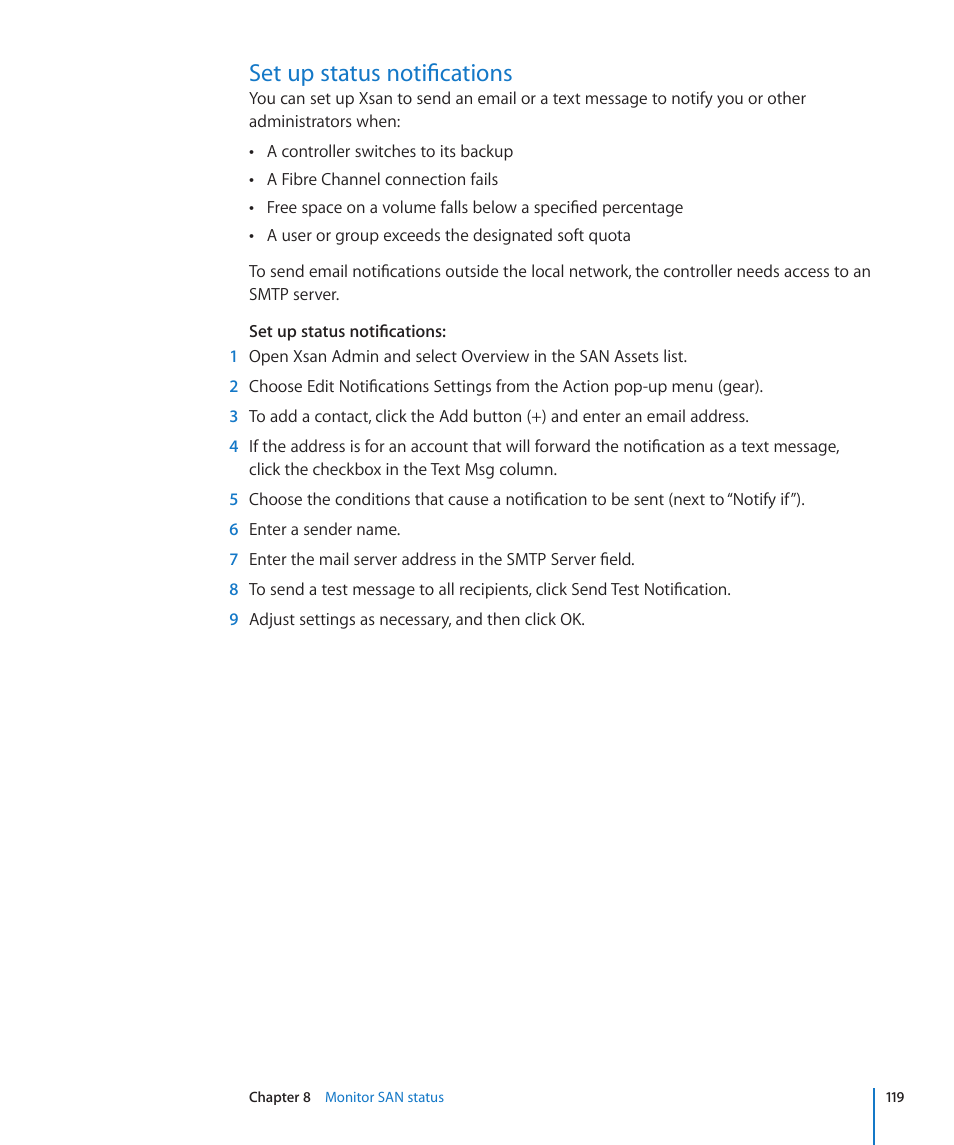Set up status notifications, 119 set up status notifications | Apple Xsan 2 User Manual | Page 119 / 165