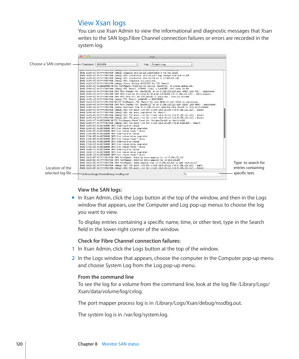 View xsan logs, 120 view xsan logs | Apple Xsan 2 User Manual | Page 120 / 165