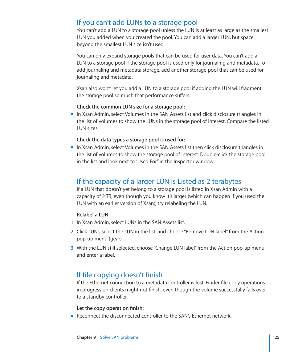 If you can’t add luns to a storage pool, If file copying doesn’t finish | Apple Xsan 2 User Manual | Page 125 / 165