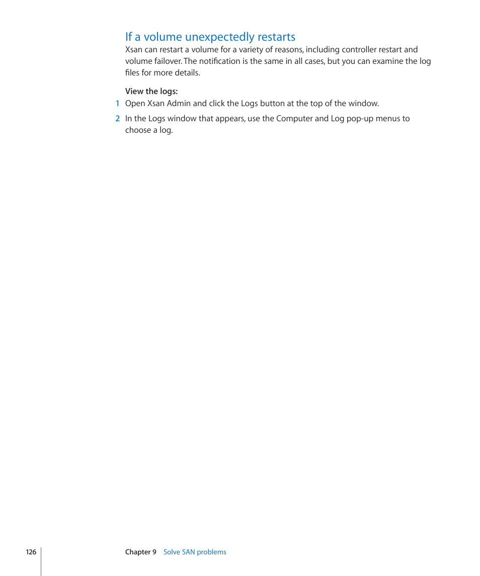 If a volume unexpectedly restarts, 126 if a volume unexpectedly restarts | Apple Xsan 2 User Manual | Page 126 / 165