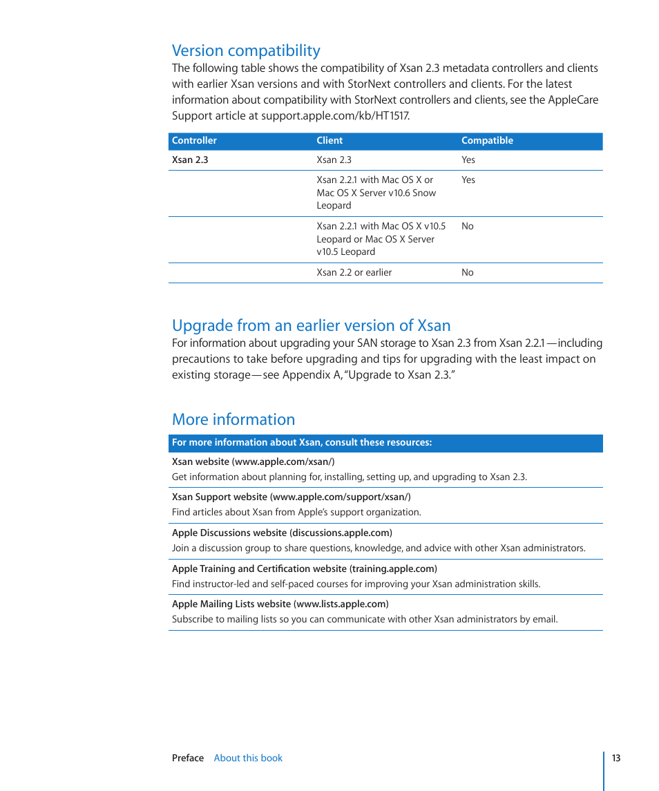Version compatibility, Upgrade from an earlier version of xsan, More information | Apple Xsan 2 User Manual | Page 13 / 165
