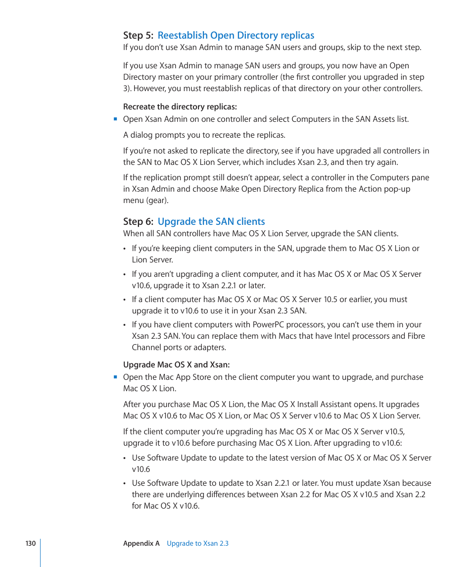 Step 5: reestablish open directory replicas, Step 6: upgrade the san clients, Step 5: reestablish open directory replicas | Step 6: upgrade the san clients | Apple Xsan 2 User Manual | Page 130 / 165