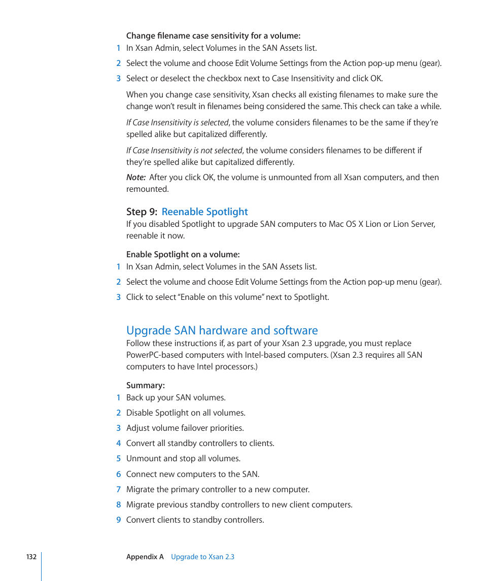 Step 9: reenable spotlight, Upgrade san hardware and software, Step 9: reenable spotlight | 132 upgrade san hardware and software, 132 if y | Apple Xsan 2 User Manual | Page 132 / 165