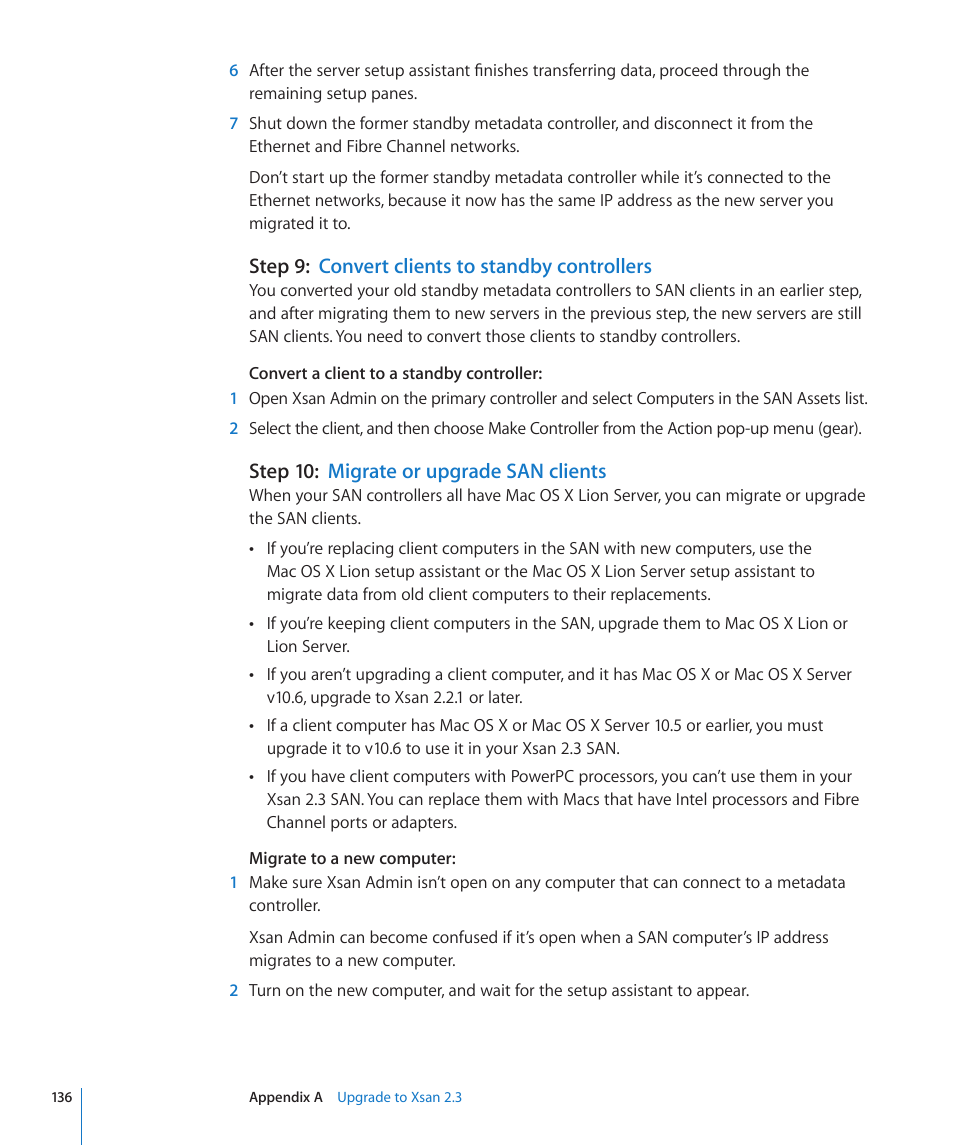 Step 9: convert clients to standby controllers, Step 10: migrate or upgrade san clients, Step 9: convert clients to standby controllers | Step 10: migrate or upgrade san clients | Apple Xsan 2 User Manual | Page 136 / 165