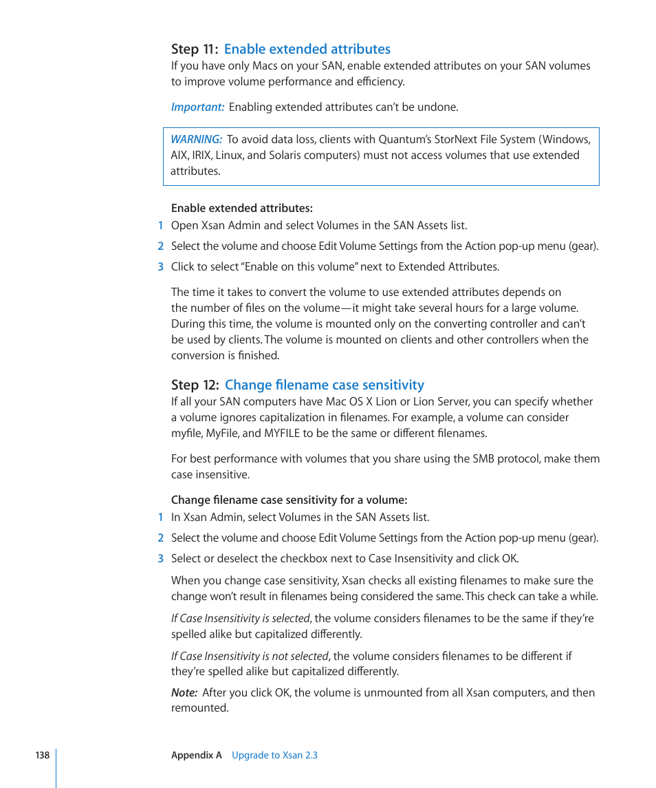 Step 11: enable extended attributes, Step 12: change filename case sensitivity, Step 11: enable extended attributes | Step 12: change filename case sensitivity | Apple Xsan 2 User Manual | Page 138 / 165