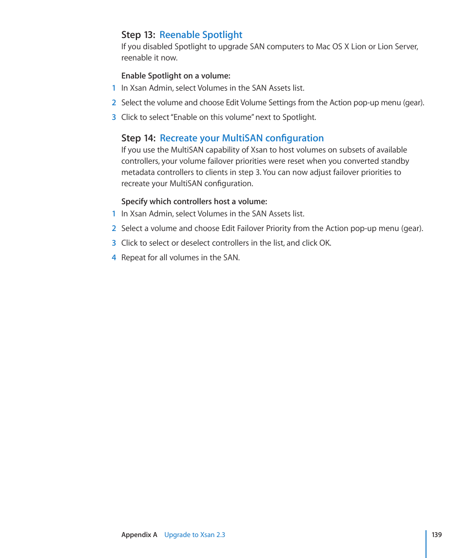 Step 13: reenable spotlight, Step 14: recreate your multisan configuration, Step 13: reenable spotlight | Step 14: recreate your multisan configuration | Apple Xsan 2 User Manual | Page 139 / 165