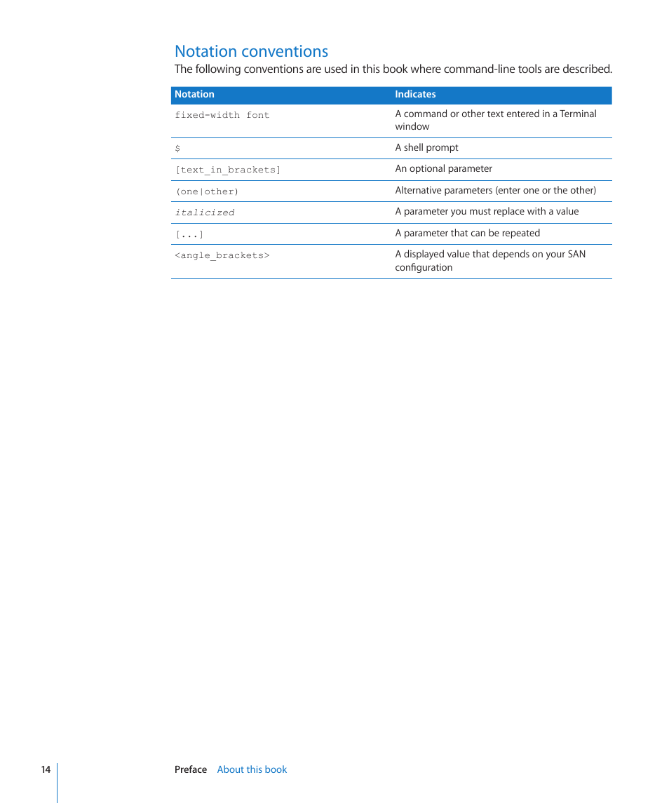 Notation conventions | Apple Xsan 2 User Manual | Page 14 / 165