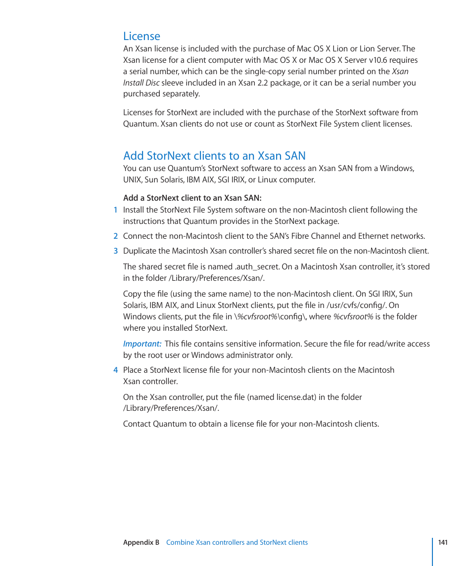 License, Add stornext clients to an xsan san | Apple Xsan 2 User Manual | Page 141 / 165