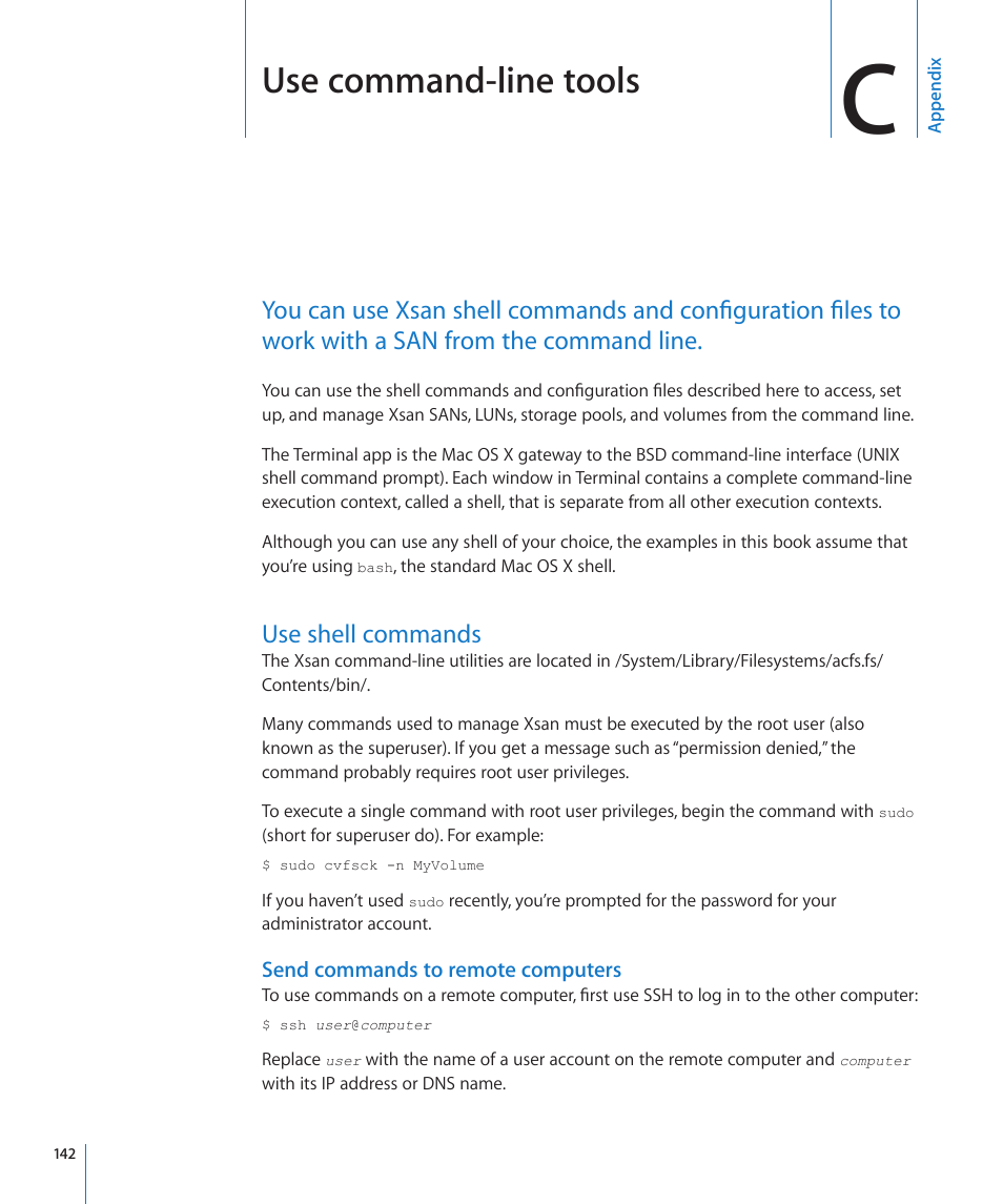 Appendix c: use command-line tools, Use shell commands, Send commands to remote computers | 142 use shell commands 142, Use command-line tools | Apple Xsan 2 User Manual | Page 142 / 165