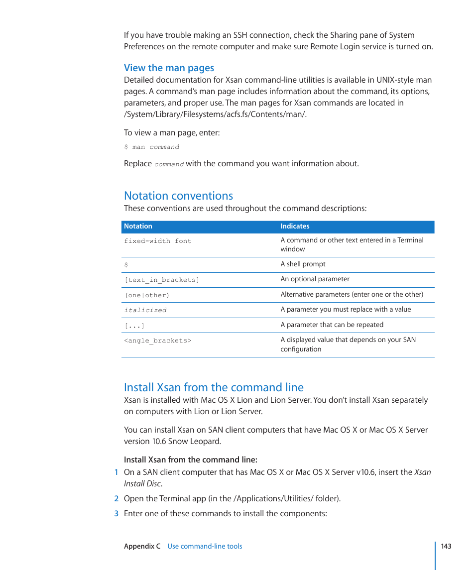 Notation conventions, Install xsan from the command line, View the man pages | Apple Xsan 2 User Manual | Page 143 / 165