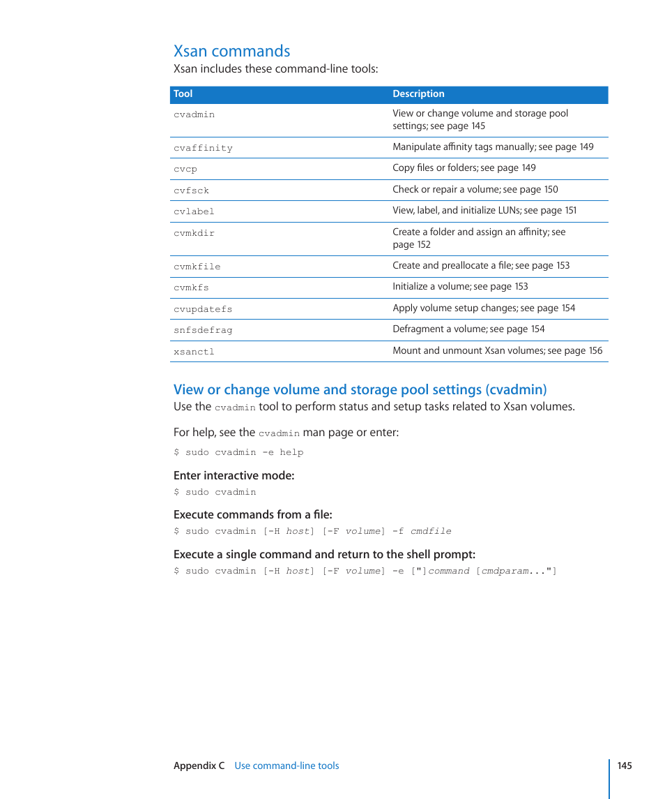 Xsan commands, 145 xsan commands 145, View or change volume and storage | Pool settings (cvadmin) | Apple Xsan 2 User Manual | Page 145 / 165