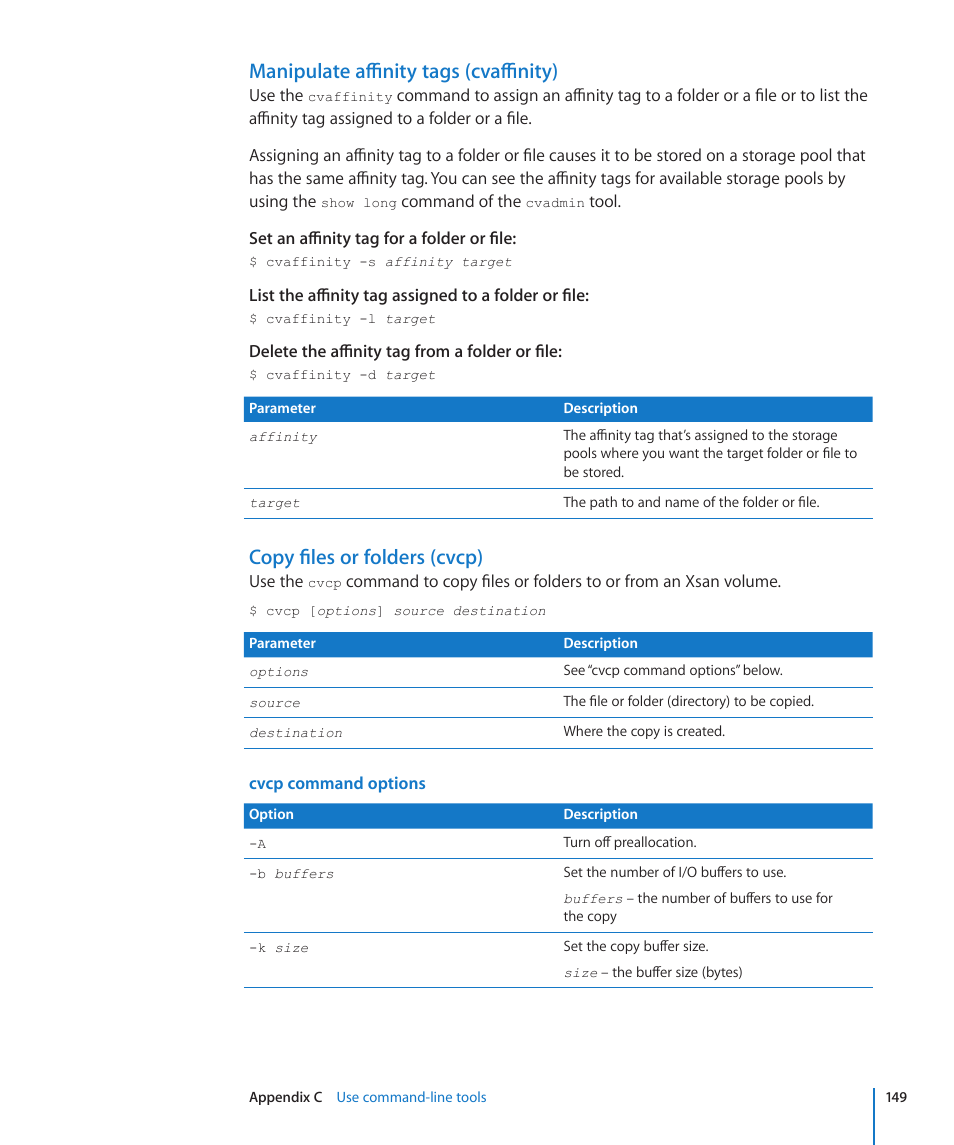 Manipulate affinity tags (cvaffinity), Copy files or folders (cvcp) | Apple Xsan 2 User Manual | Page 149 / 165